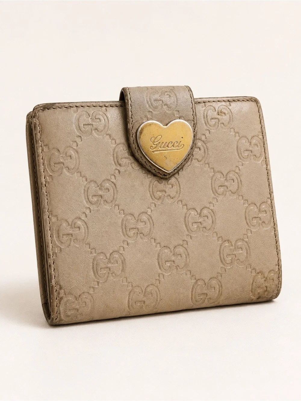 Vintage Gucci GG Monogram Heart Logo Leather Bifold Wallet Beige - Picture 2 of 8